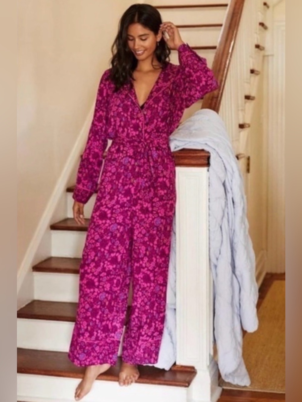 Anthropologie Fuchsia Pink Loungewear Floral Belted One Piece Jumpsuit SZ. Small